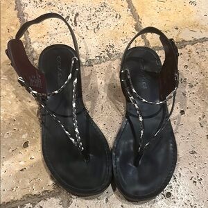 Coach Black Sandals with T-Strap Design and Glossy Straps